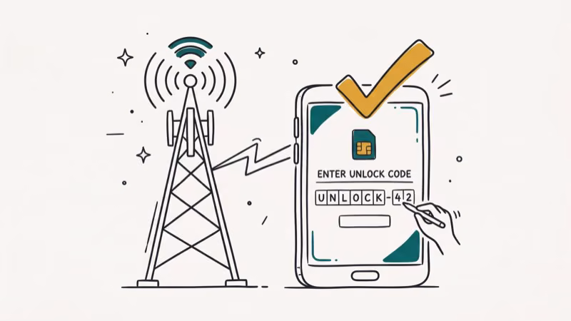 Smartphone connected to carrier tower with unlock code entry screen and amber checkmark for successful carrier unlock