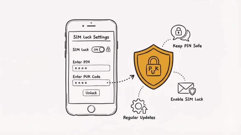 Smartphone SIM card lock settings screen with amber shield icon showing security best practices