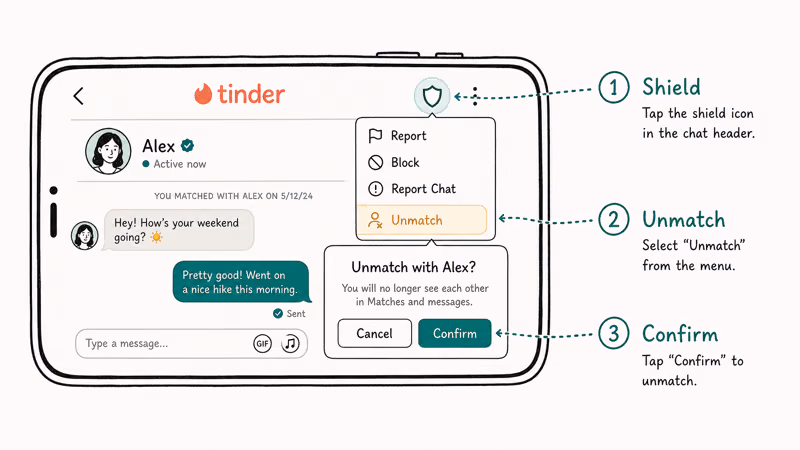 Three-tap sequence inside a Tinder chat showing shield icon then Unmatch and Confirm buttons