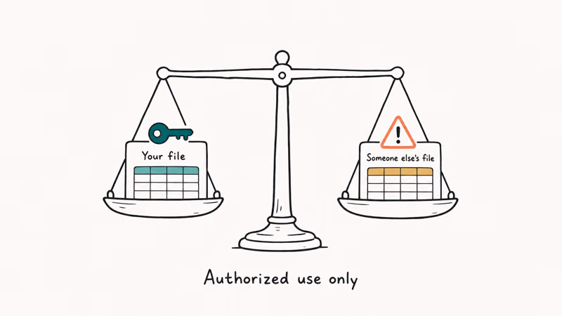 Balance scale showing authorized own-file use versus unauthorized access to another person's protected spreadsheet