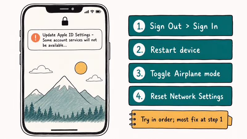 iPhone lock screen with stuck Apple ID notification banner and four numbered fix tiles for clearing the prompt