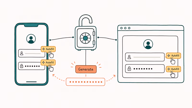 Password manager autofilling a login across a phone and browser after the vault unlocks