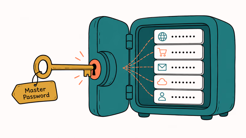 Encrypted password vault unlocked by a single master password holding many unique account logins