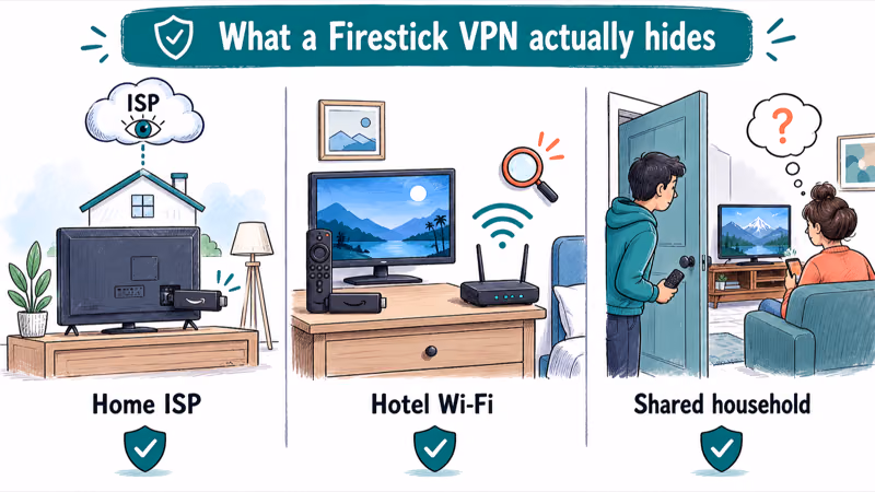 Three side-by-side scenes showing Firestick privacy contexts: home ISP, hotel Wi-Fi, and shared household.