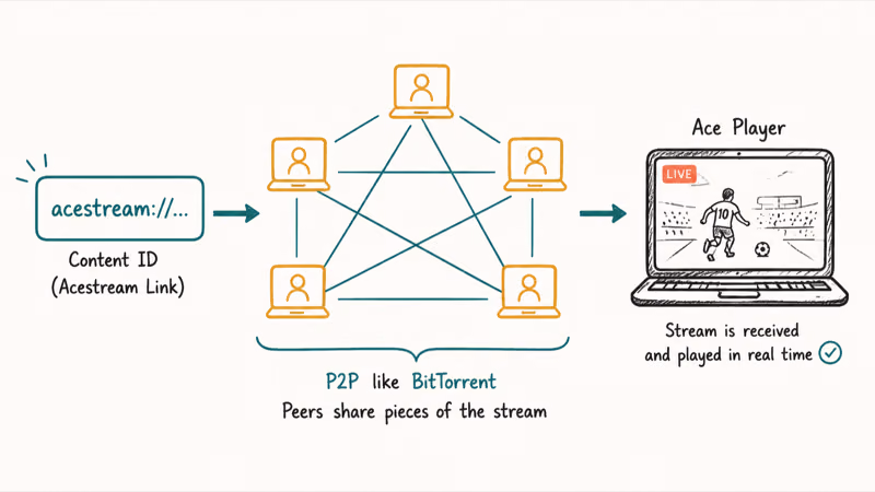 Peer network sketch showing Ace content ID resolved through swarm of peers feeding video into Ace Player