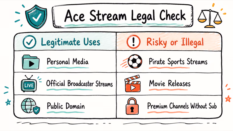 Two-column legal check showing legitimate Ace Stream uses against risky pirate broadcasts and premium content