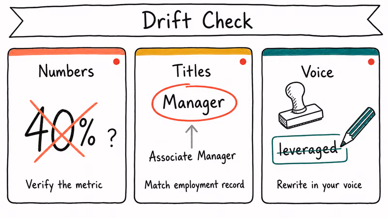 Three drift warnings showing resume number title and voice traps with crossed examples.