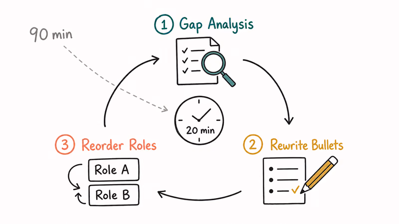 Resume tailoring loop with gap analysis bullet rewrite role reorder cutting time to twenty minutes.