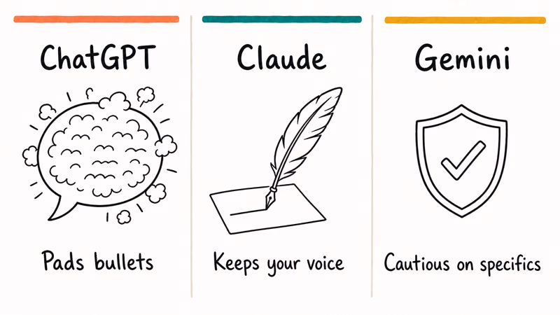 ChatGPT Claude and Gemini compared as three lanes with traits padding voice caution.