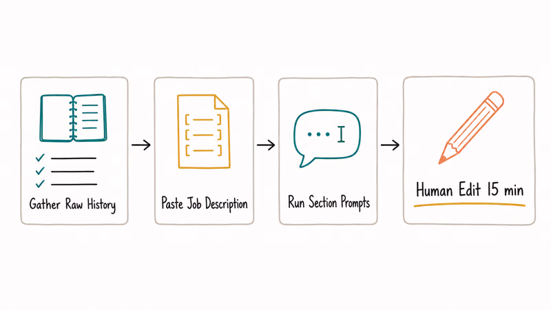 Four step resume workflow showing history, job description, prompts, then human edit pass.