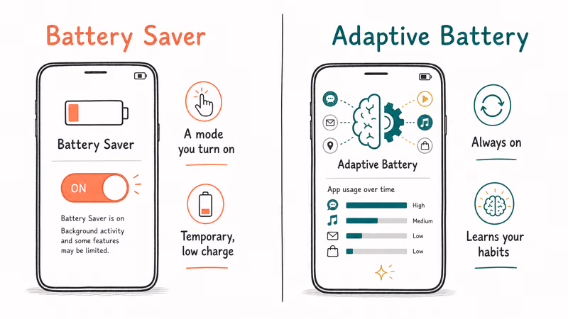 Side by side of Battery Saver toggle mode versus always-on Adaptive Battery learning which apps you use