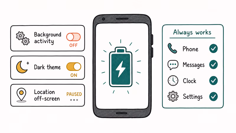 Android phone with Battery Saver limiting background apps and dark theme while keeping calls and texts working