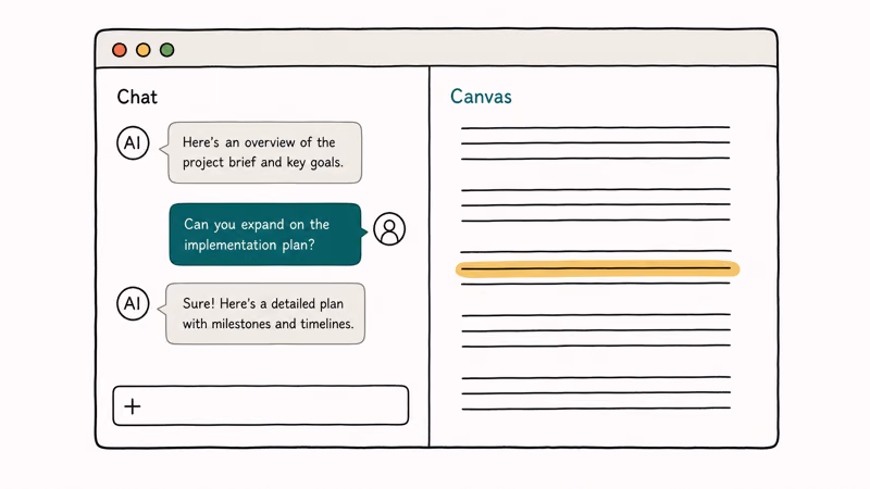 Split screen showing ChatGPT chat on left and editable document panel on right