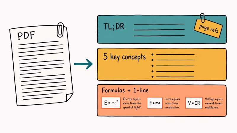 Hand-drawn PDF feeding a three-layer summary with a TL;DR paragraph, key concepts, and formula explanations.
