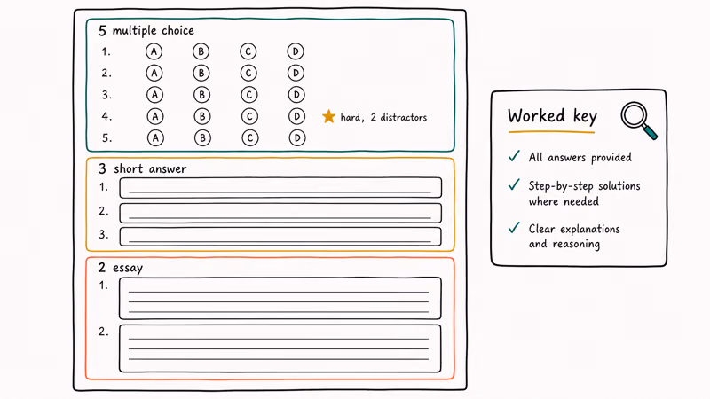Hand-drawn worksheet split into multiple-choice, short-answer, and essay sections with a worked answer key card.