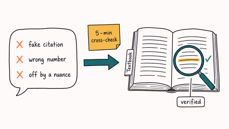 Hand-drawn ChatGPT bubble with three flagged errors checked against an open textbook with a magnifying glass.