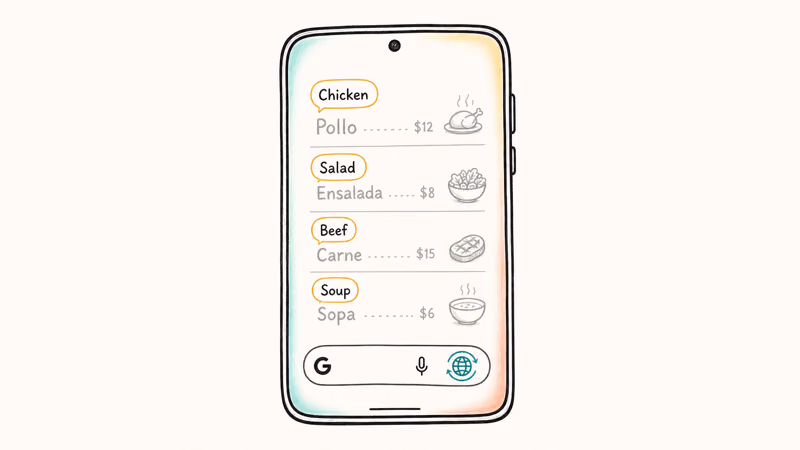 Phone screen showing Circle to Search live translation overlay on foreign-language menu text