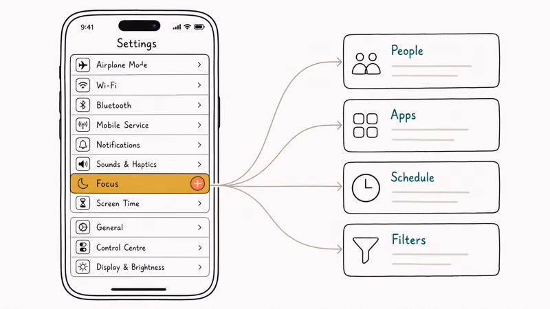 Hand-drawn iPhone Settings showing Focus with People Apps Schedule and Filters building blocks for a new mode