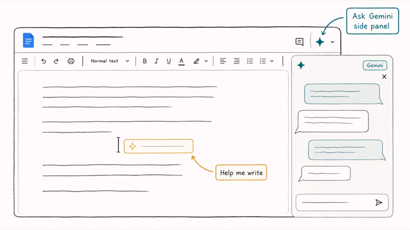 Annotated Google Docs window showing Ask Gemini side panel on right and inline Help me write prompt