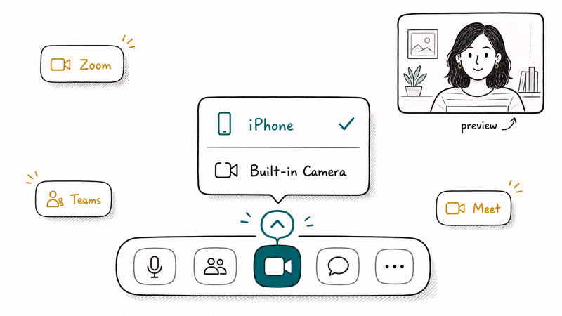 Zoom video settings dropdown showing the iPhone chosen from the connected camera list