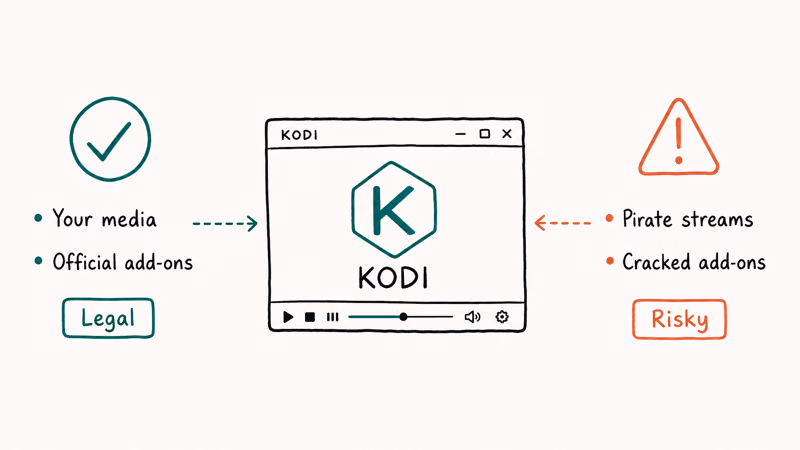 Side by side panels showing legal Kodi official add-ons versus risky piracy add-ons with single Kodi window