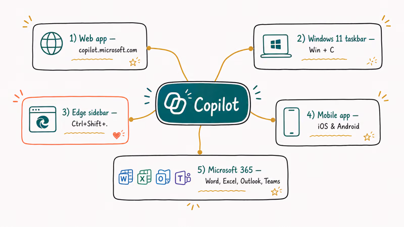 Illustration showing Microsoft Copilot access points across Windows taskbar, Edge sidebar, web, and mobile