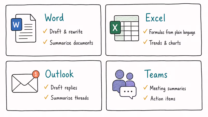 Grid showing Copilot tasks inside Word Excel Outlook and Teams Microsoft 365 apps