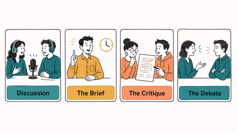 Four Audio Overview format cards labeled Discussion, The Brief, The Critique, and The Debate