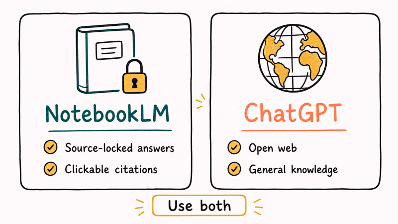 Two column comparison of NotebookLM source locked answers versus ChatGPT open web general knowledge