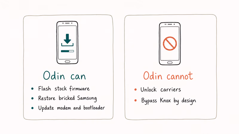 Comparison cards summarizing what Samsung Odin can and cannot do for firmware flashing on Galaxy phones