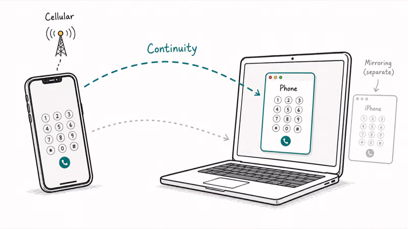 Diagram showing iPhone cellular signal relaying through Continuity to MacBook Phone app window