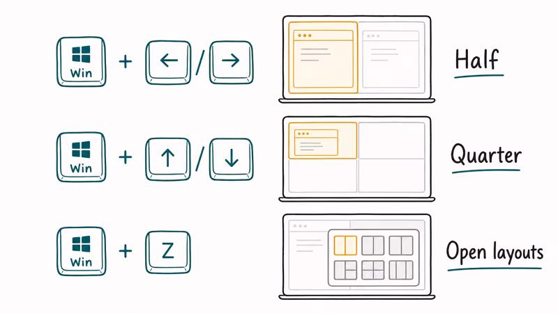 Windows 11 keyboard shortcuts for snapping windows using Windows and arrow keys