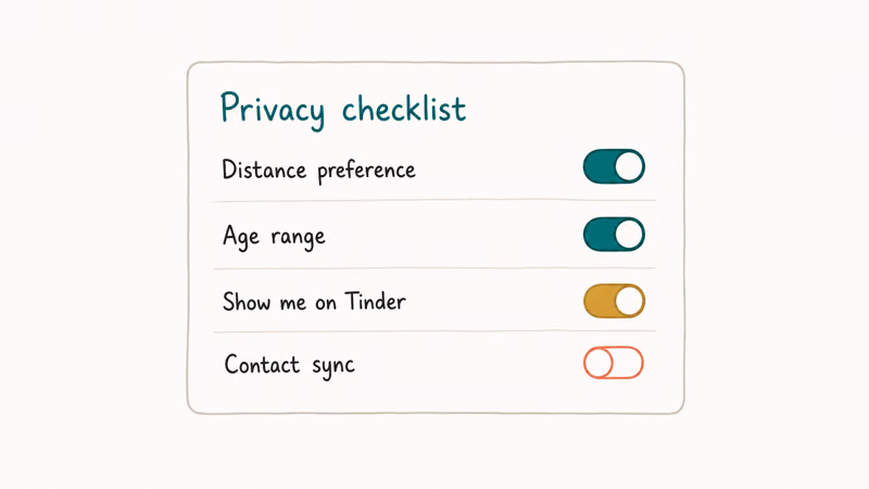 Checklist card showing four key Tinder privacy toggles including distance age range visibility and contact sync