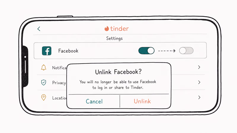 Tinder settings panel showing the Facebook integration row toggled off with a small confirmation modal
