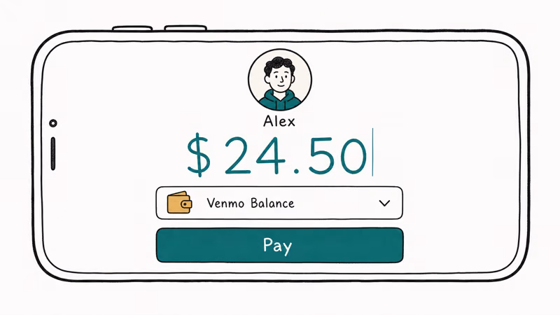 Stylized phone payment screen showing recipient avatar amount field and Venmo balance selected as payment source