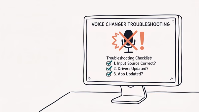 Desktop screen with microphone and error warning symbol next to a troubleshooting checklist with teal checkmarks