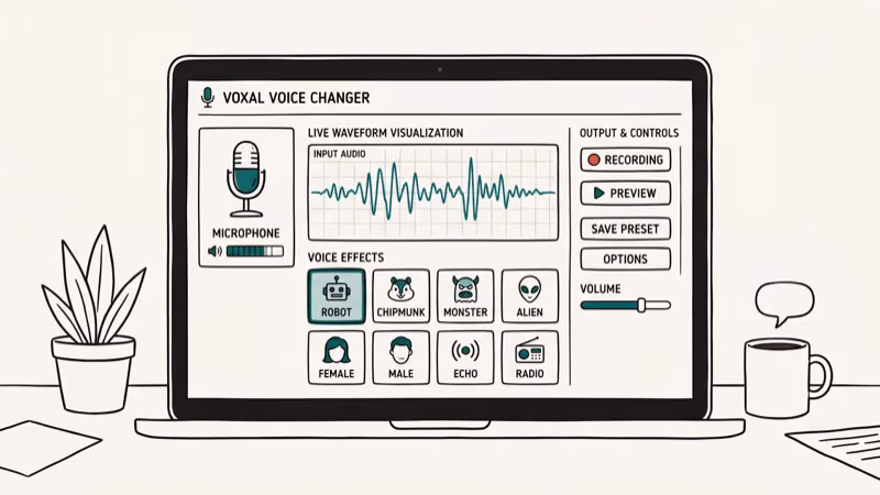 Voxal Voice Changer desktop interface with microphone icon, waveform display, and voice effect selection panel