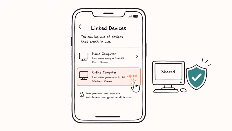 Phone showing the Linked Devices list with a computer being logged out to keep WhatsApp secure