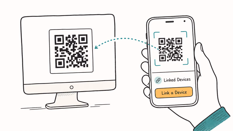Hand-drawn phone scanning a QR code on a computer screen to link WhatsApp via Linked Devices
