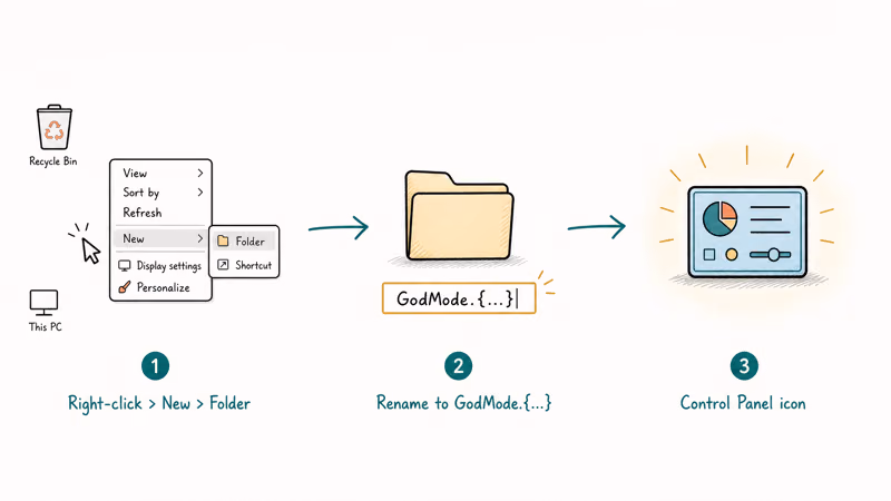 Hand-drawn three steps to create the Windows God Mode folder by renaming it