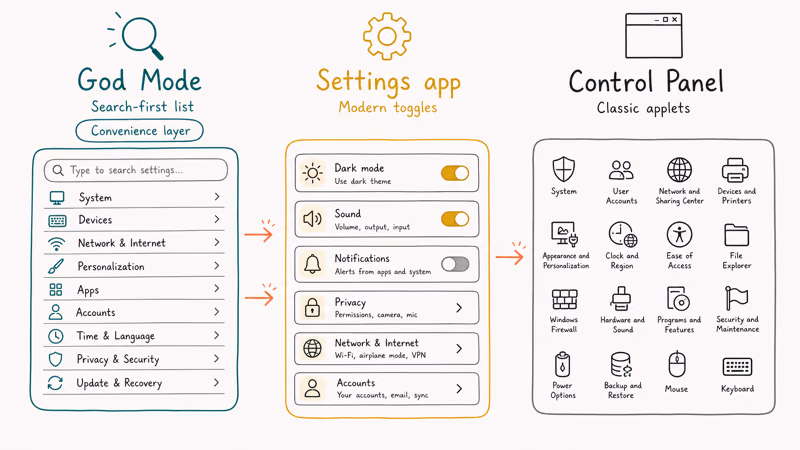 Side-by-side comparison of God Mode, Settings app, and classic Windows Control Panel