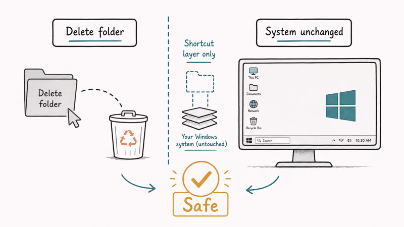 Hand-drawn concept showing the God Mode folder safely deleted without changing Windows