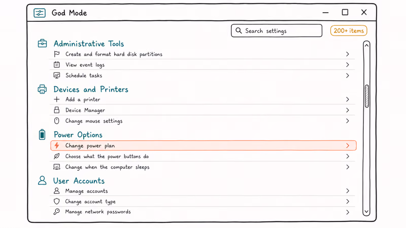 Illustration of God Mode folder listing grouped Control Panel settings with a search box
