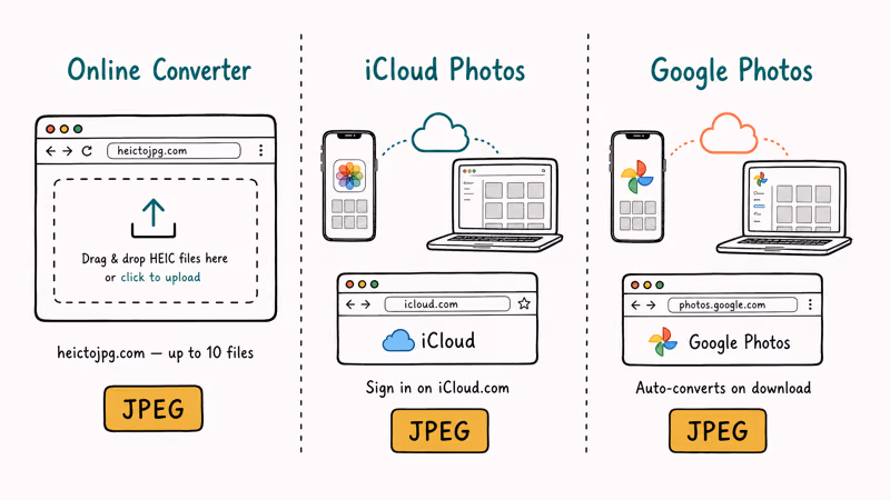 Hand-drawn comparison of three older Mac workarounds: online converter, iCloud Photos, and Google Photos download.