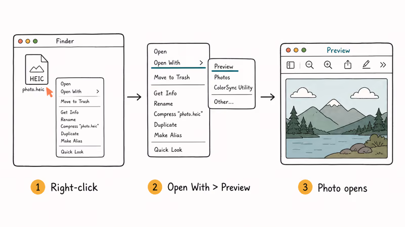 Three-step hand-drawn flow showing right-click on HEIC, choose Open With Preview, photo opens in Preview.