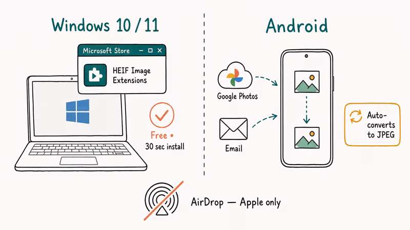 Hand-drawn split showing Windows needing HEIF extension and Android auto-converting HEIC to JPEG.