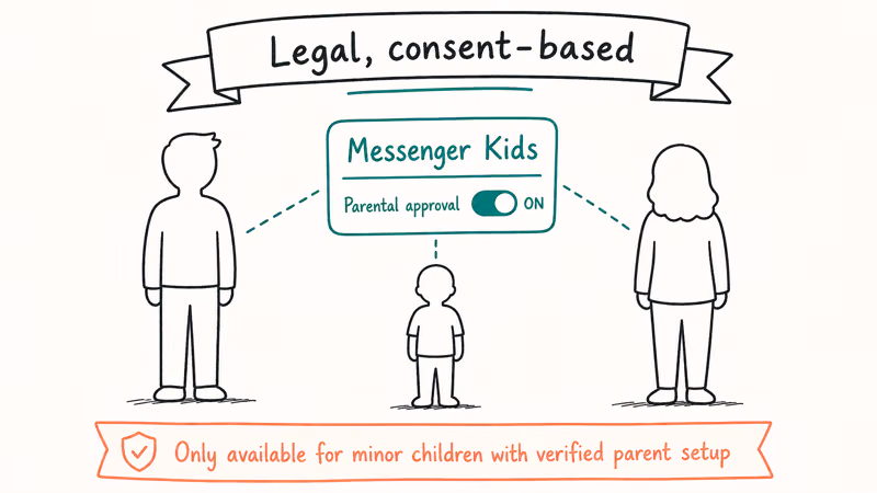 Family supervision diagram showing parent-approved Messenger Kids setup for a minor child's account.