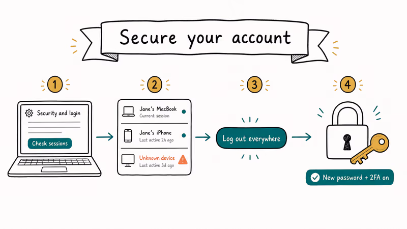 Four-step strip showing how to audit sessions, flag unknown devices, log out everywhere, and set new password + 2FA.