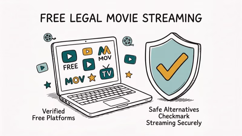 Laptop showing streaming service icons with a checkmark shield representing safe legal movie alternatives