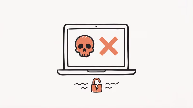 Laptop with danger warning skull icon and red X representing malware and security risks on piracy streaming sites